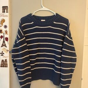 a.n.a Blue and White Crew Neck Sweater with Ribbed Cuffs